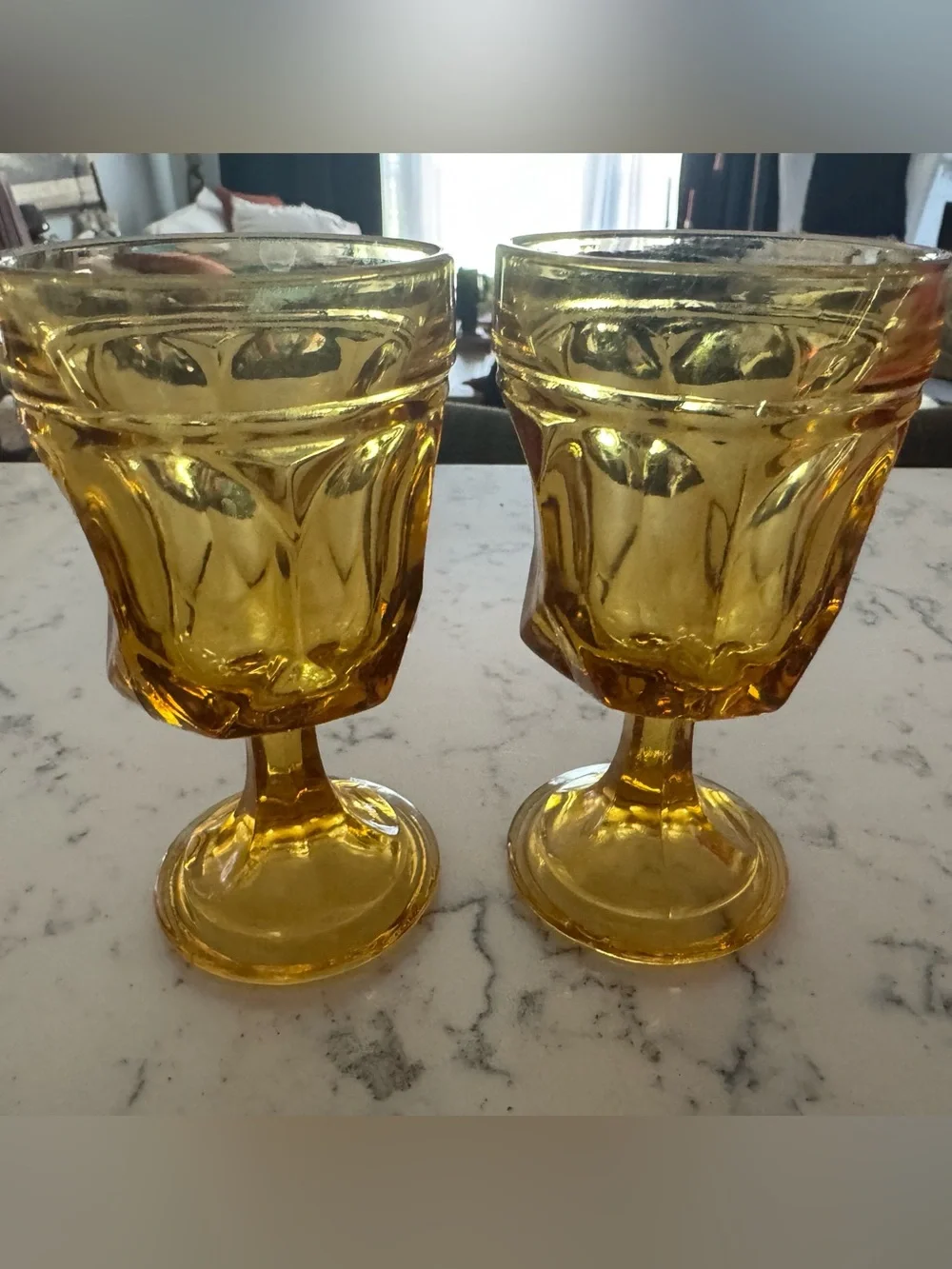 Set of 2 Amber Pressed Glass Wine Goblets